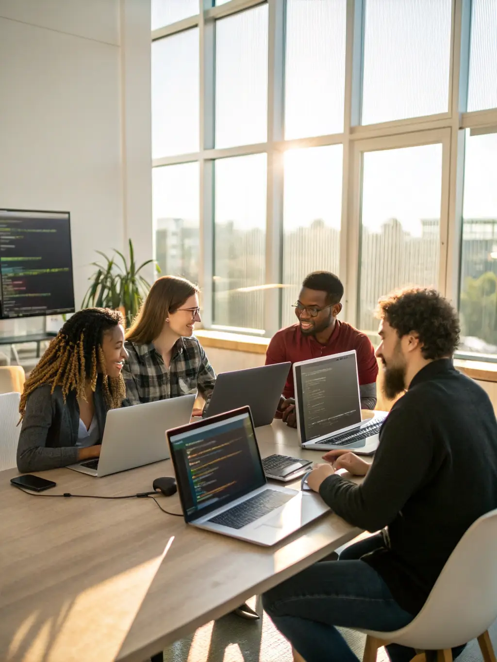 A diverse team of software developers collaborating around a table, reviewing code and discussing project progress in a modern office setting, representing IntraTech's collaborative approach to software development.