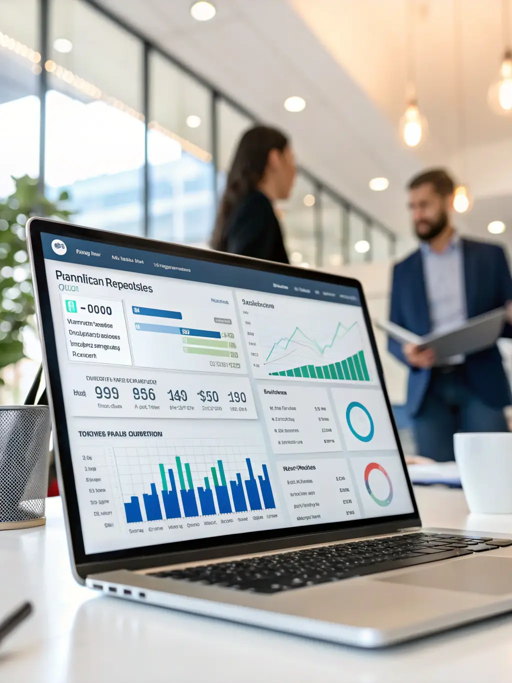 A clean, modern interface of a custom CRM software, showcasing its user-friendly dashboard with key performance indicators and customer data, used by a sales team in a bright, open office.