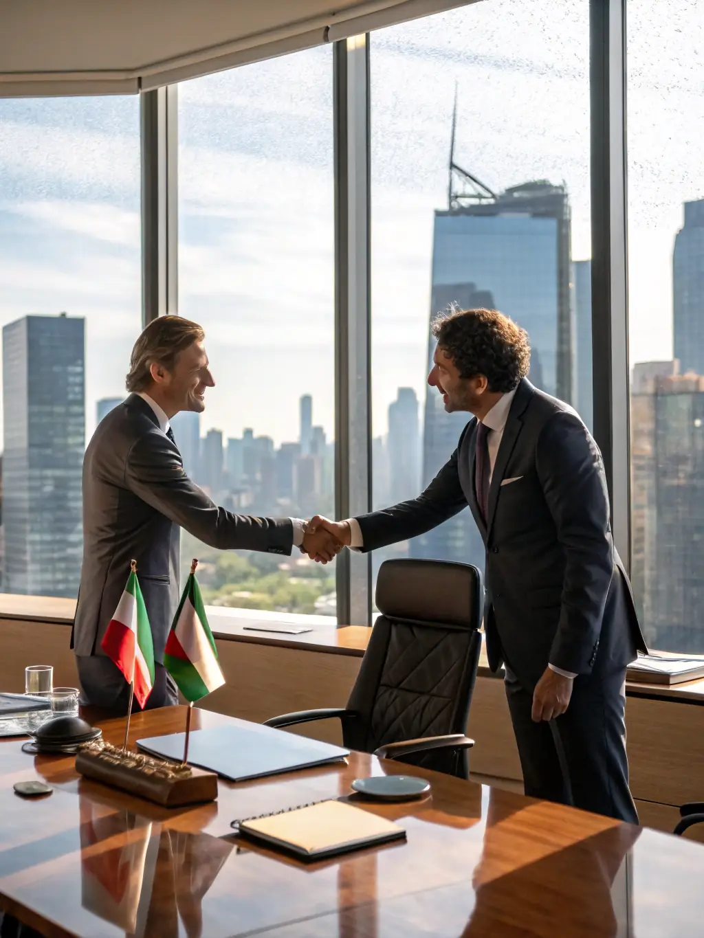 A professional shaking hands, symbolizing a free consultation with IntraTech Inc., set against a backdrop of the Lansing skyline and modern office buildings.